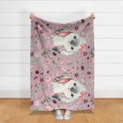 54x36" spring floral bunny on pink mauve