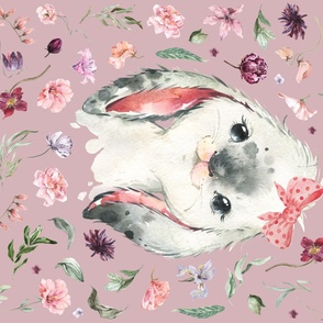 54x36" spring floral bunny on pink mauve