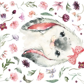 54x36" pink purple floral bunny on white