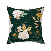 gold magnolia floral on monstera green background