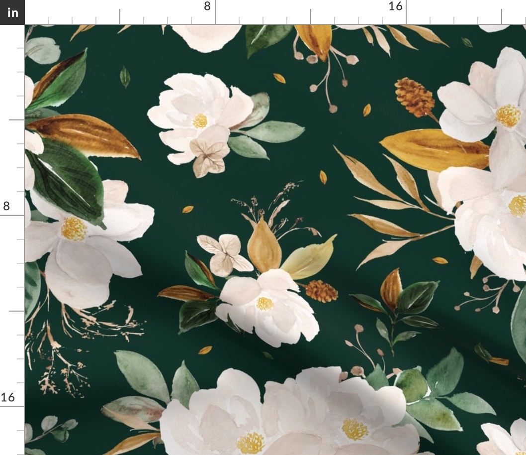 gold magnolia floral on monstera green background