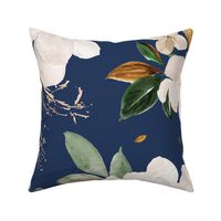 gold magnolia floral on navy royal blue background - oversized