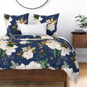 gold magnolia floral on navy royal blue background - oversized