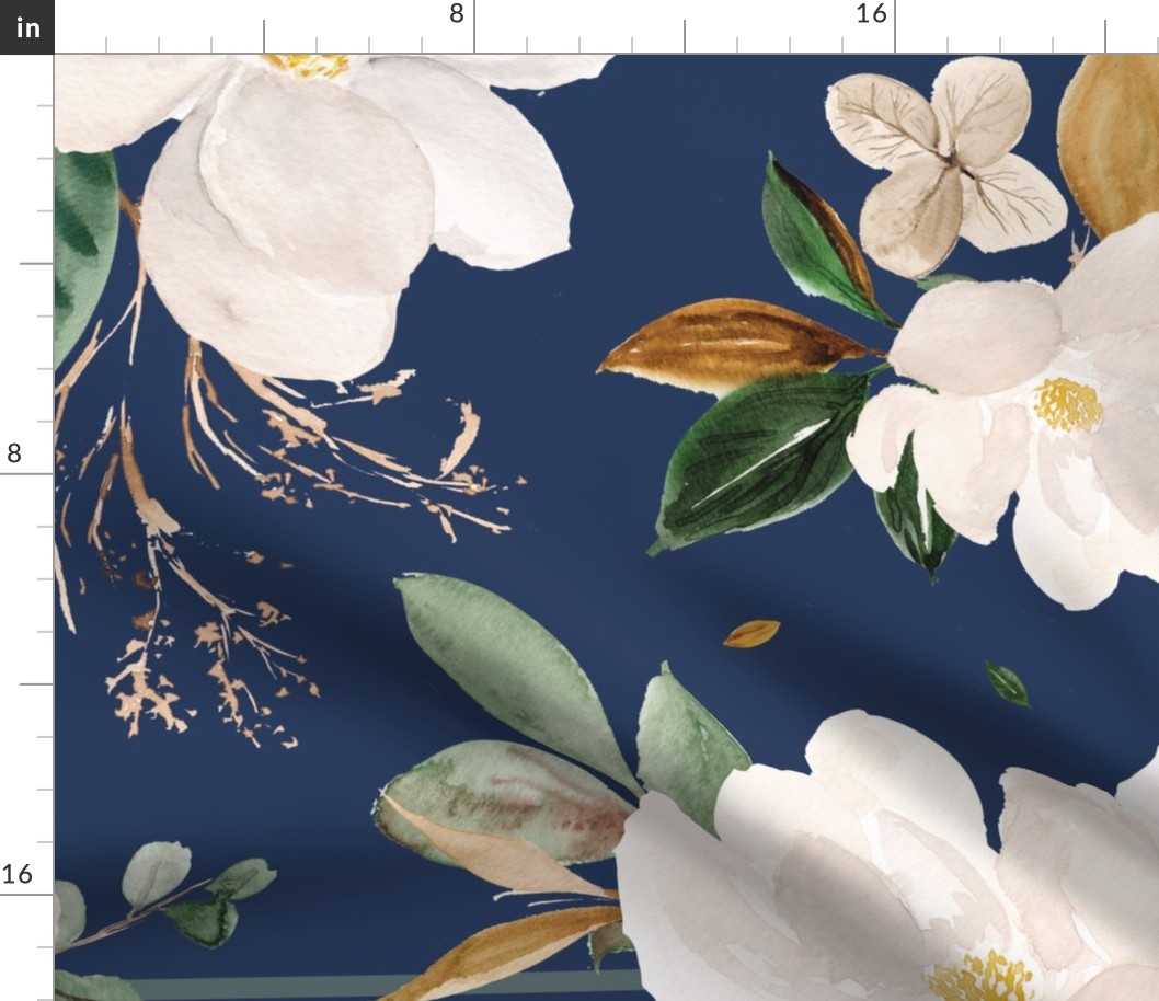 gold magnolia floral on navy royal blue background - oversized