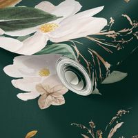 gold magnolia floral on monstera green background - medium