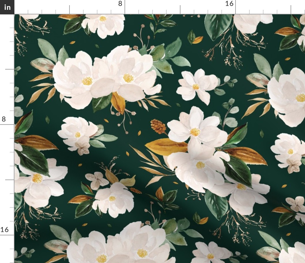 gold magnolia floral on monstera green background - medium