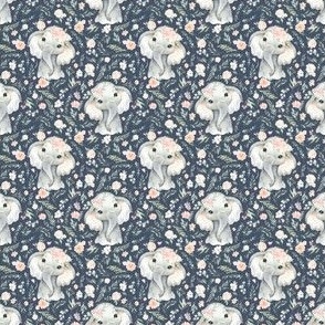 1" baby floral elephant with pink spring floral on stone blue background