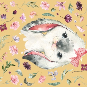 54x36" spring floral bunny on mustard