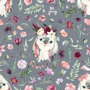 3" spring floral bunny on stone blue