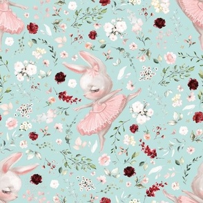 spring ballerina floral bunny on bleached aqua