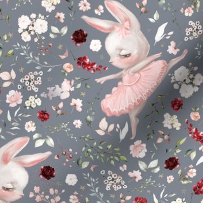 spring ballerina floral bunny on stone gray