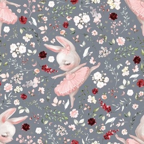 spring ballerina floral bunny on stone gray