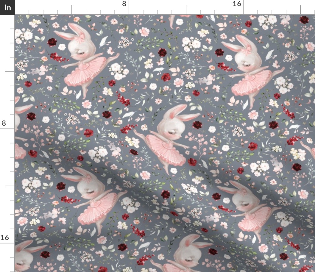 spring ballerina floral bunny on stone gray