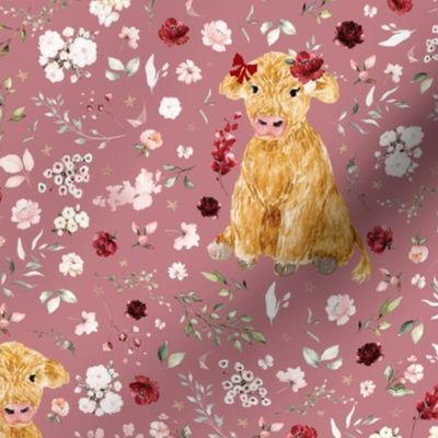 baby highland cow floral on mauve
