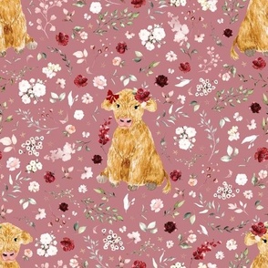 baby highland cow floral on mauve