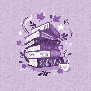 In life as in books dance with fairies, ride a unicorn, swim with mermaids, chase rainbows motivational quote embroidery template // monochromatic violet books