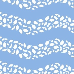 Tossed Floating Herbs & Spices Stripe Coordinate, white leafy on sky blue neutral