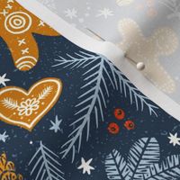 festive with gingerbread man and hearts on speckled navy blue