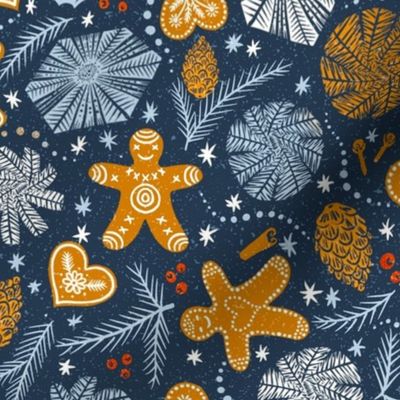 festive with gingerbread man and hearts on speckled navy blue