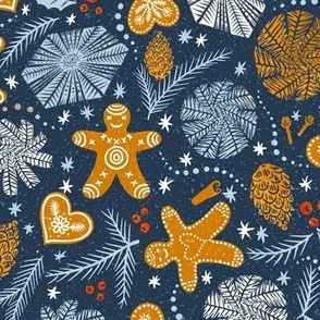 festive with gingerbread man and hearts on speckled navy blue