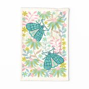 Two Moths Delicate Bugs Floral with Pastel Garden Flowers in Turquoise Pink Yellow Green - Wall Hangings and Tea Towels - UnBlink Studio by Jackie Tahara