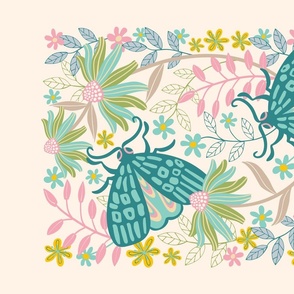 Two Moths Delicate Bugs Floral with Pastel Garden Flowers in Turquoise Pink Yellow Green - Wall Hangings and Tea Towels - UnBlink Studio by Jackie Tahara