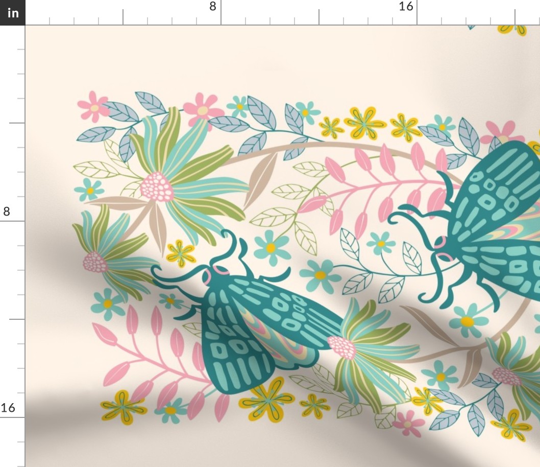 Two Moths in Teal and Pastel Florals in Turquoise Pink Yellow Green - Wall Hangings and Tea Towels - UnBlink Studio by Jackie Tahara