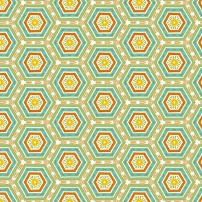 Honeycomb - bright folk art style hexagon geometric - turquoise, coral, yellow and green