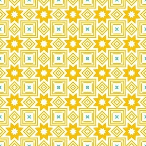 Stars  - bright, artistic, folk art style geometric -yellow, blue & white - squares