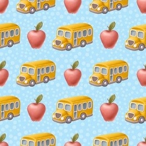 Medium Scale Back to School Red Apple and Yellow Bus on Blue