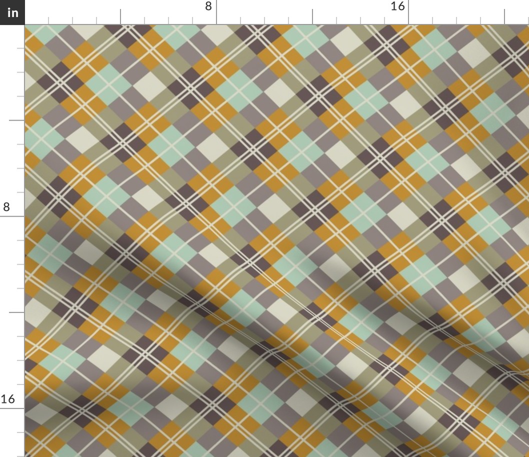 Diagonal Plaid-Sea Glass, Mustard, Aubergine, Ivory-M