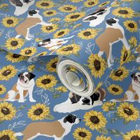 large print // St Bernard dogs yellow sunflowers and blue denim background Dog Fabric 