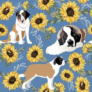 large print // St Bernard dogs yellow sunflowers and blue denim background Dog Fabric 