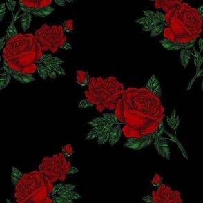 Red vintage rose print on black - large