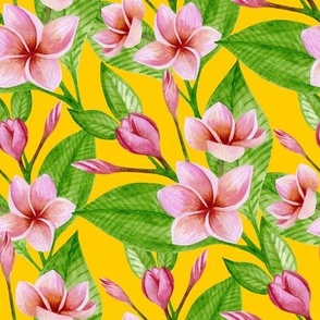 Yellow Pink PLUMERIA Flowers Fabric Panel Beautiful Hawaiian 