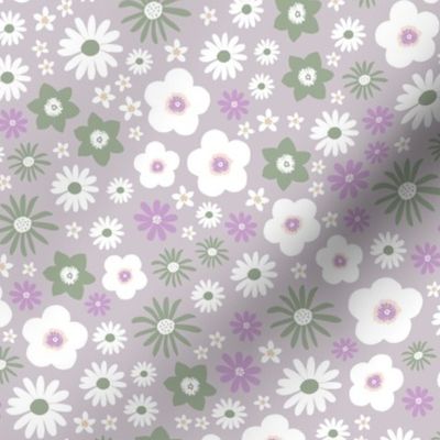 Boho wild flowers blossom flower bed with daisies buttercups and lilies garden summer liberty londen style gray purple green white LARGE