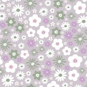 Boho wild flowers blossom flower bed with daisies buttercups and lilies garden summer liberty londen style gray purple green white LARGE