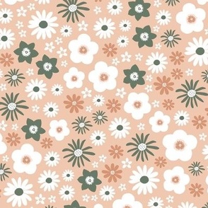 Boho wild flowers blossom flower bed with daisies buttercups and lilies garden summer liberty londen style neutral vintage orange pine green white blush LARGE