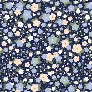Spotted little romantic flower garden blossom branches and leaves soft nursery seventies vintage sage green blue on navy night LARGE 
