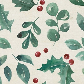 Christmas Greenery with Holly Berries Rustic Texture JUMBO