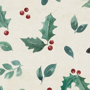 Christmas Holly Greenery with Berries Rustic Texture JUMBO