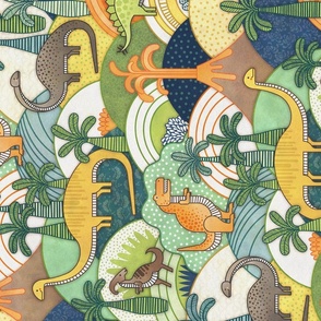 Happy Dinosaurs Large Scale Rotated- Autumn Colors-- Dinosaur Adventure- Dinos Home Decor- Jumbo-  Green-  Orange- T-Rex and Friends- Kids DinoWallpaper