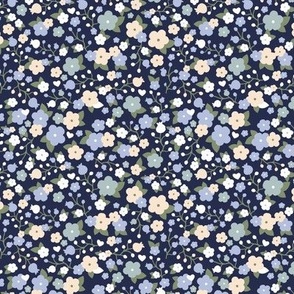 Little romantic flower garden blossom branches and leaves soft nursery seventies vintage sage green blue on navy night