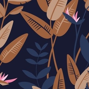 Tropical birds of paradise garden exotic island leaves and flowers hawaii design pink blush rust caramel on navy blue LARGE