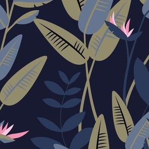 Tropical birds of paradise garden exotic island leaves and flowers hawaii design pink blush olive green on navy blue LARGE