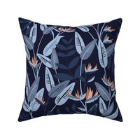 Tropical birds of paradise garden exotic island leaves and flowers hawaii design caramel sienna baby blue on navy blue LARGE