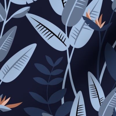 Tropical birds of paradise garden exotic island leaves and flowers hawaii design caramel sienna baby blue on navy blue LARGE