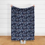 Tropical birds of paradise garden exotic island leaves and flowers hawaii design caramel sienna baby blue on navy blue LARGE