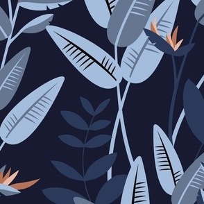 Tropical birds of paradise garden exotic island leaves and flowers hawaii design caramel sienna baby blue on navy blue LARGE