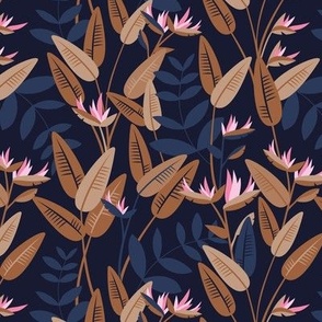 Tropical birds of paradise garden exotic island leaves and flowers hawaii design pink blush rust caramel on navy blue